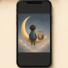 A phone showing the digital edition: a child and an owl on a crescent moon