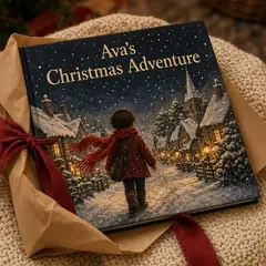 A hardback picture book half-wrapped in brown paper with a red ribbon