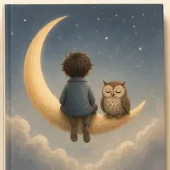 A softcover picture book with a child and an owl sitting on a crescent moon