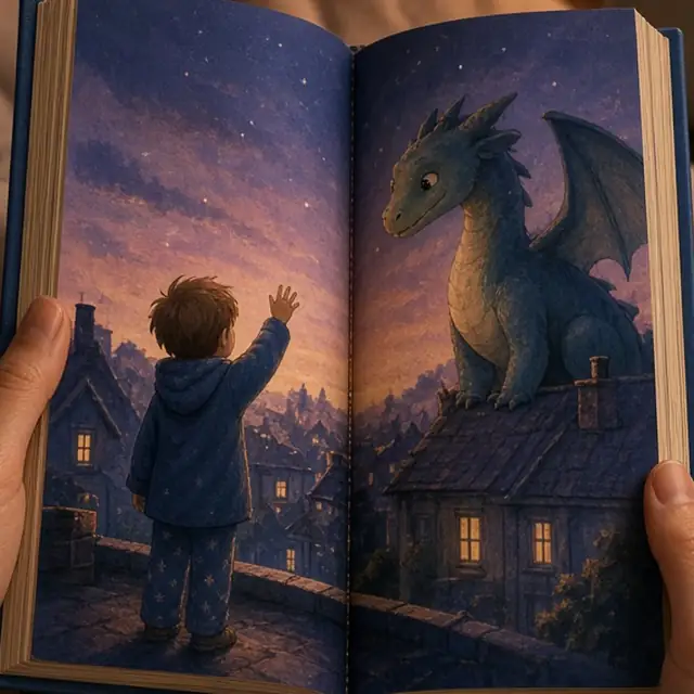 Sample spread: a child in pyjamas waving to a friendly dragon on a rooftop at dusk
