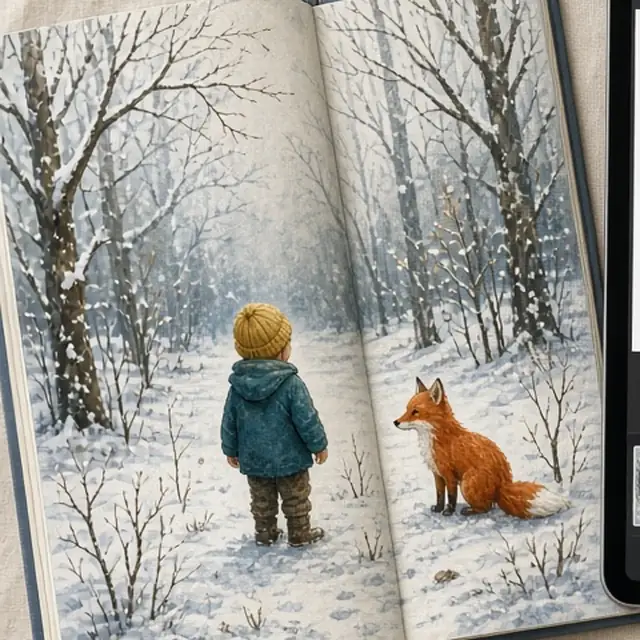 Sample spread: an open picture book in the snow, a child seen from behind on one page and a fox on the other