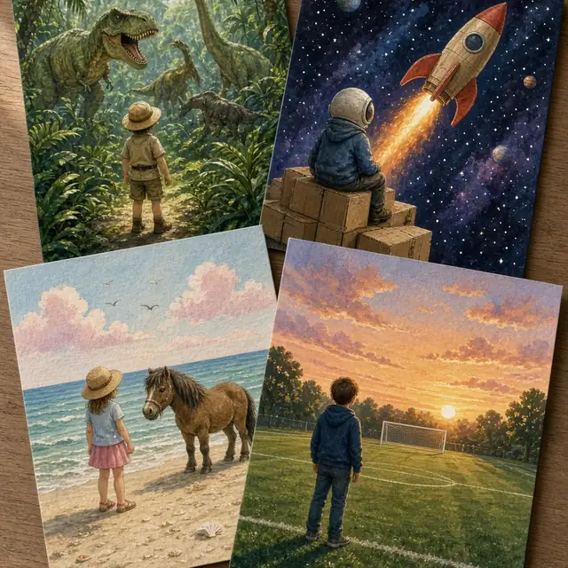 Four sample pages: dinosaurs in a jungle, a cardboard rocket in space, a pony on a beach and a football pitch at sunset