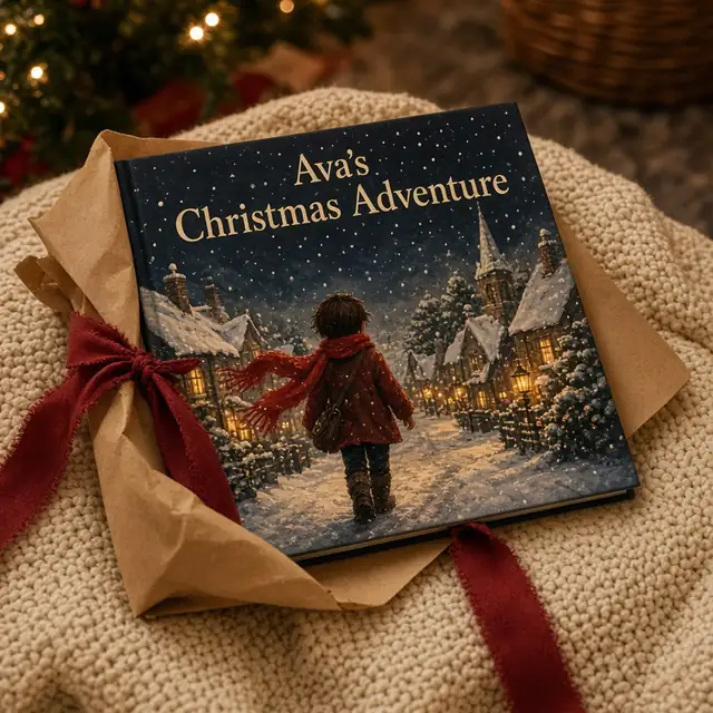 A hardback picture book titled Ava's Christmas Adventure, half-wrapped in brown paper with a red ribbon